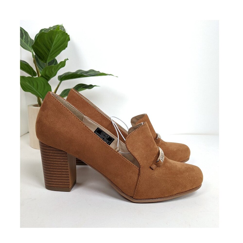 Jones New York Signature CYPRA Textile Suede Loafer Heels Tan Size 7.5 NWT